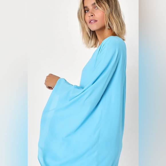 NEW NWT Lulus Summer Daze One-Shoulder Kaftan Sleeve Mini Dress in Turquoise - Picture 3 of 10